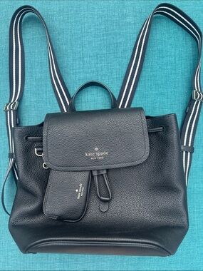 kate spade black pebbled leather drawstring backpack with striped straps